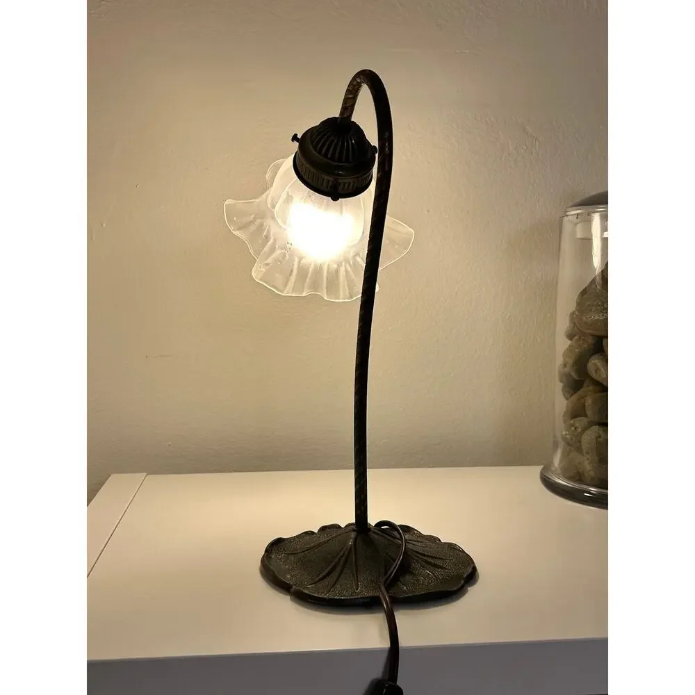 1970s VINTAGE Art Nouveau Lily Pad Gooseneck Lamp Ruffled Glass Tulip Shade